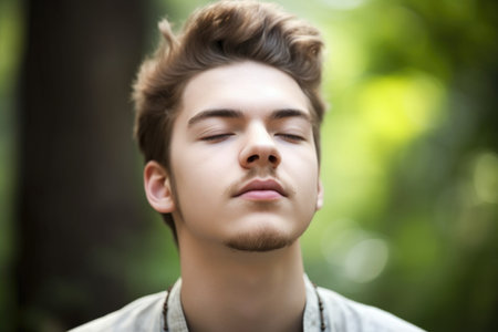 closeup portrait of a young man meditating outdoorsの素材