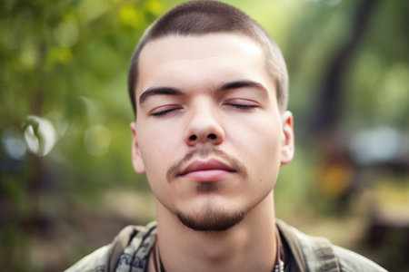 closeup portrait of a young man meditating outdoorsの素材