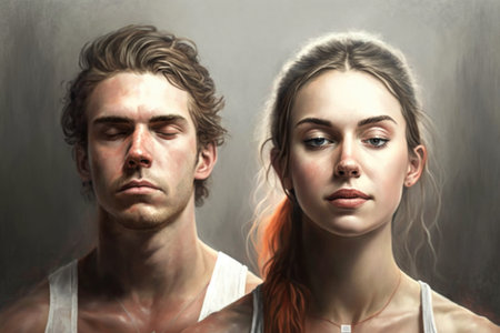 portrait of a young woman and man practising yogaの素材