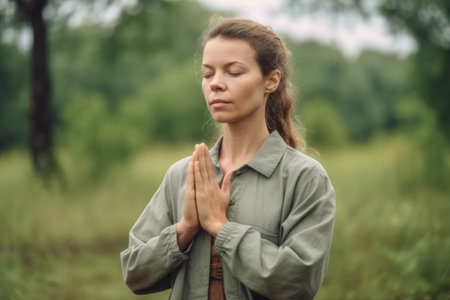 portrait of a young woman doing qigong outsideの素材