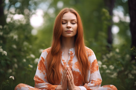 portrait of a young woman meditating outdoorsの素材