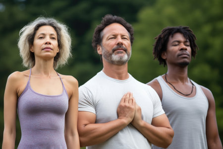 portrait of a group of people getting ready to do some yoga outsideの素材
