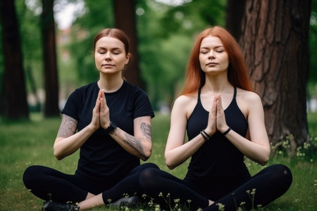 two women in yoga positions of meditation during a workout at parkの素材