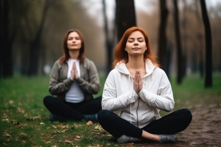 two women in yoga positions of meditation during a workout at parkの素材
