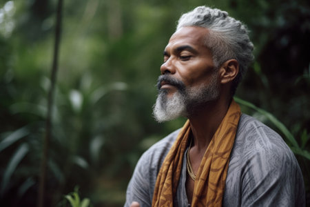 shot of a man meditating outsideの素材