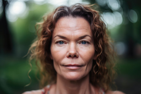 yoga, meditation and face of woman in park for balance, peace or wellnessの素材