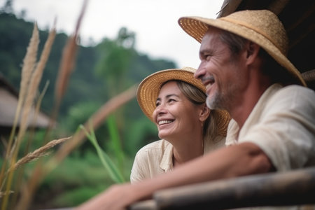 couple, nature and smile for love journey in the countryside on vacation to relax togetherの素材