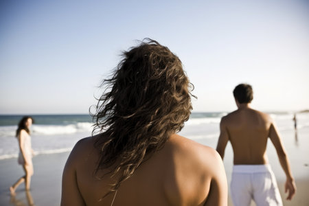 rearview shot of a young couple at the beachの素材