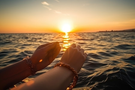 woman, ocean and hands in the sunset of travel, vacation and holiday on a summer eveningの素材