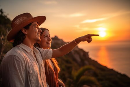 happy, love and a young couple pointing at the sunset laughing together on vacation in mexicoの素材