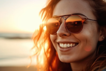 smile, beach and woman in sunglasses relaxing on vacation break, summer holiday or sunshine tripの素材