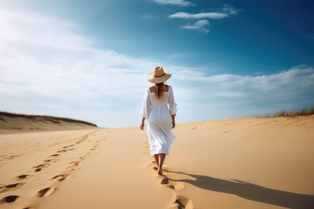 travel, beach and woman walking on sand in nature for vacation, holiday and summerの素材