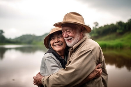senior couple, love and hug in a travel holiday outside feeling happy togetherの素材