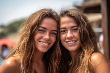 two friends smiling at the camera while on vacationの素材