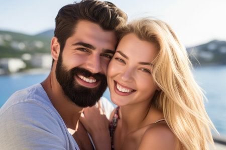 portrait of an affectionate young couple on vacationの素材