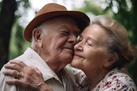 elderly couple, love and hug outdoor on a sunny day with happiness, care and romanceの素材