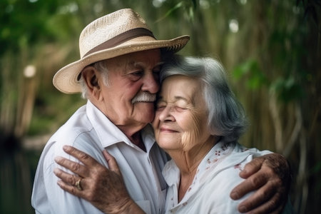 elderly couple, love and hug outdoor on a sunny day with happiness, care and romanceの素材