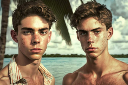 two young men looking at the camera while on vacationの素材