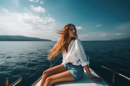 a beautiful woman enjoying the sea while sitting on a boatの素材