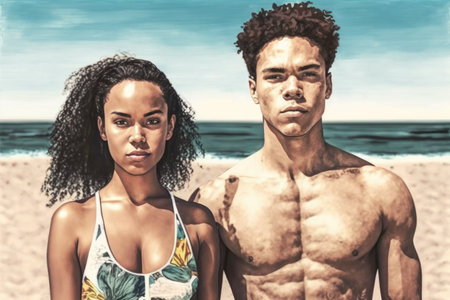 young mixed race couple standing on the beach in their swimwearの素材