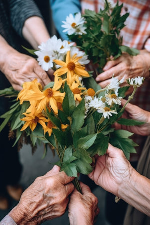closeup shot of a group of unrecognizable people holding flowers and leavesの素材