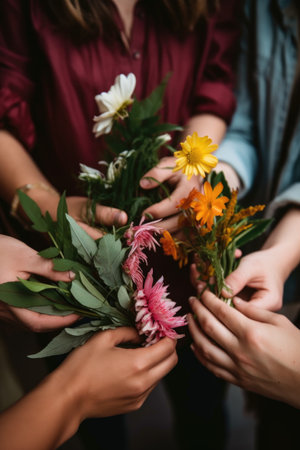 closeup shot of a group of unrecognizable people holding flowers and leavesの素材