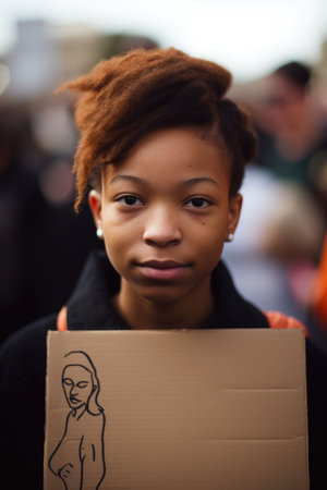 portrait of a young woman holding up a sign at a protest rallyの素材