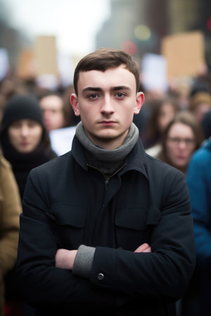 portrait of a young man standing with his arms crossed while holding a sign at a protestの素材