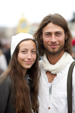 portrait of a happy young couple standing together at a protestの素材