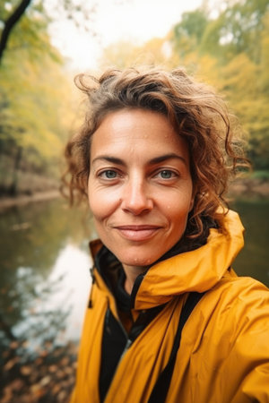 woman, selfie and portrait in nature for travel blog, exploration or adventure on sustainable tourismの素材