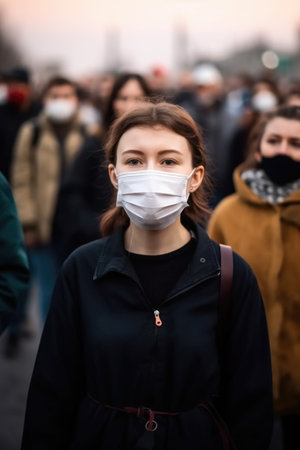 portrait of a young woman wearing a mask while standing in front of her friends during an outdoor protestの素材