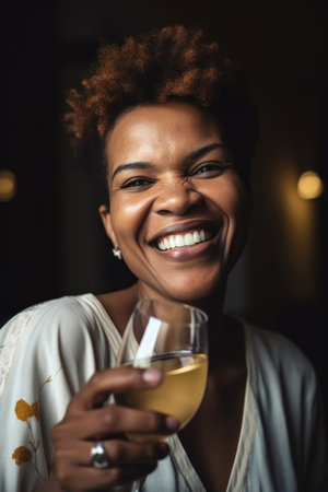portrait of a happy woman celebrating with a glass of sparkling wineの素材