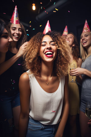 portrait of a young woman celebrating with her friends at a partyの素材