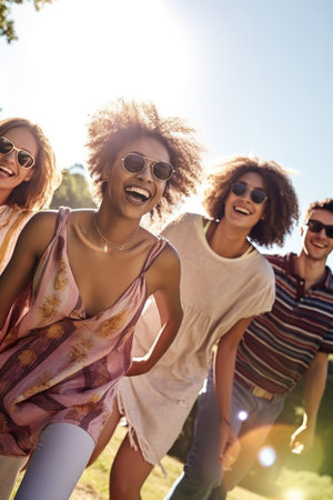 shot of a group of friends having fun in the sunの素材