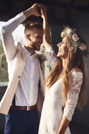 shot of a young bride and groom celebrating on their wedding dayの素材