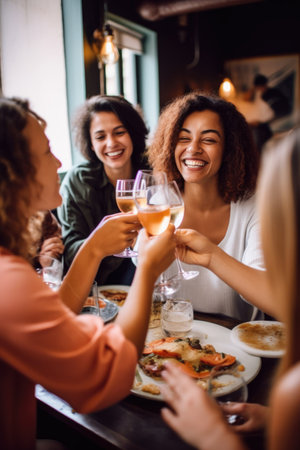 woman in a restaurant celebrating with friendsの素材