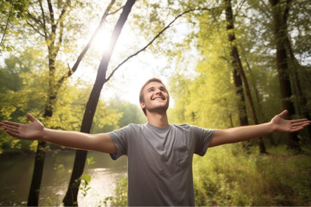 a happy young man holding his arms out in the outdoorsの素材