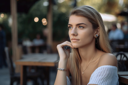 an attractive young woman sitting outside and wearing a hearing aidの素材