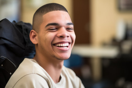 a young man sitting in his wheelchair with a smile on his faceの素材