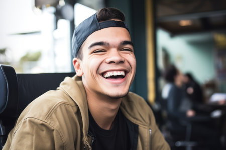 a young man sitting in his wheelchair with a smile on his faceの素材