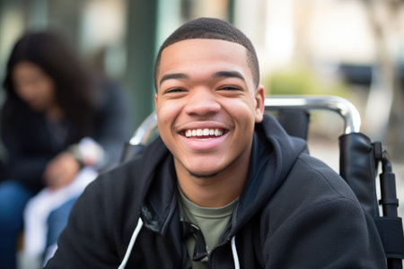 a young man sitting in his wheelchair with a smile on his faceの素材