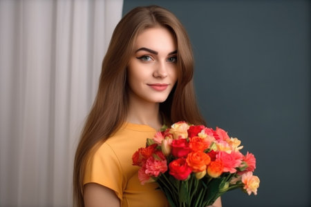 a beautiful young woman posing with a bright bouquet of flowers in front of copyspaceの素材