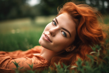 shot of an attractive young woman lying in the grass outsideの素材