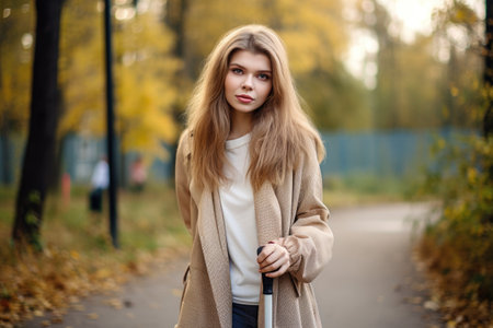 a young woman with a crutch posing outsideの素材