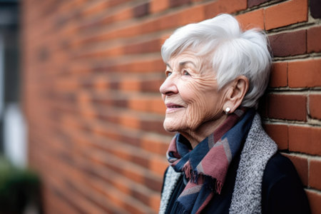 shot of a senior woman standing against a brick wall outdoorsの素材