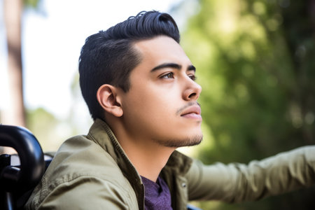 a handsome young man looking out at the view from his wheelchairの素材