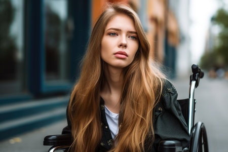 a beautiful young woman looking sad while sitting on a wheelchair outsideの素材