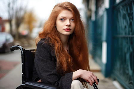 a beautiful young woman looking sad while sitting on a wheelchair outsideの素材