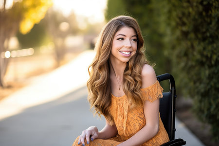 a gorgeous young woman in a wheelchair sitting outsideの素材