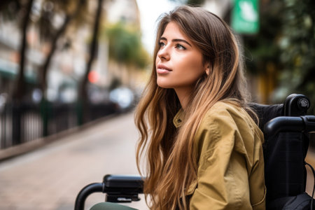 a confident young woman looking to the side in a wheelchairの素材